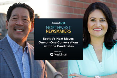 Pictures of Bruce Harrell and Lorena González appear on either side of a dark blue box with the event title and information